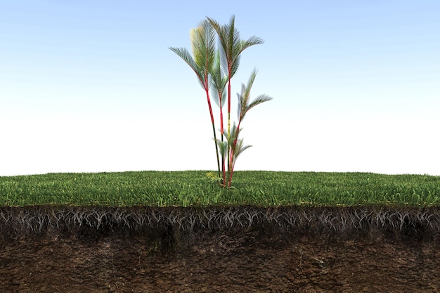 palm tree on the grass and a slice of soil under it, 3d render