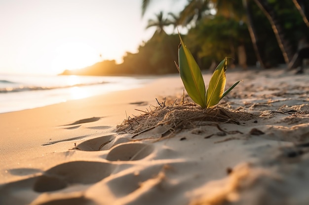 palm tree grows in the sand on a beach