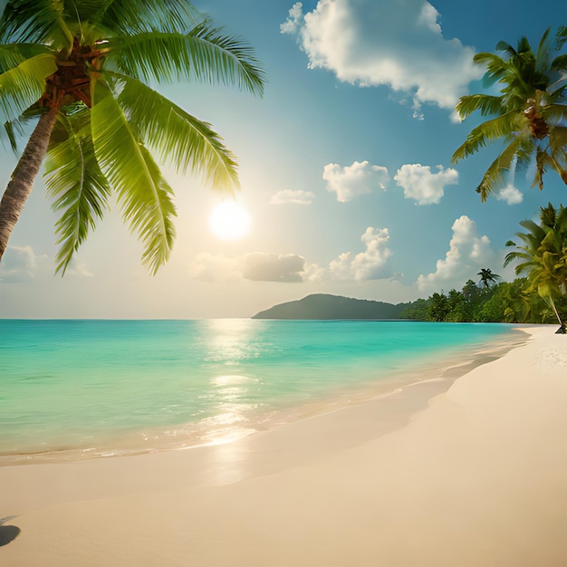 a palm tree hangs over a beach with a sun shining on the water