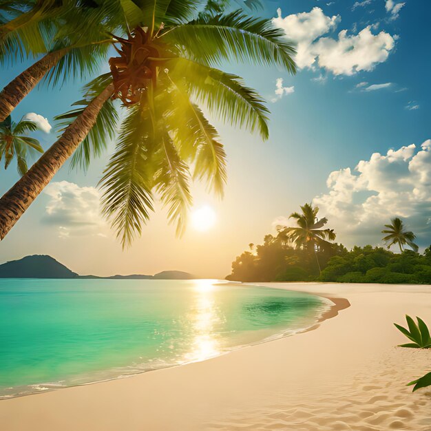 Photo a palm tree hangs over a beach with a sunset in the background