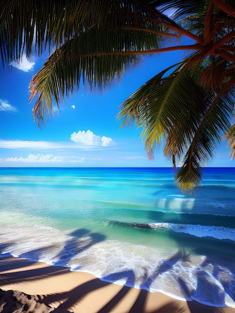 A palm tree hangs over the beach.