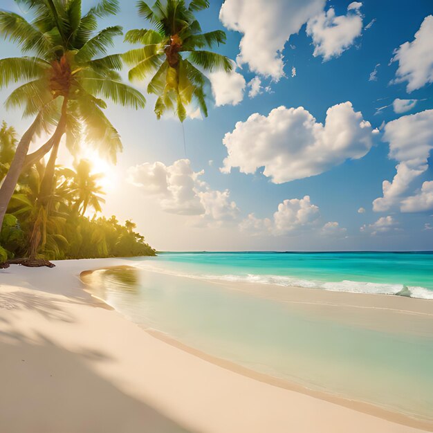 a palm tree is on the beach in front of a sunlit beach