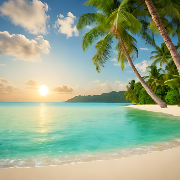 Una palma è sulla spiaggia di fronte a un tramonto