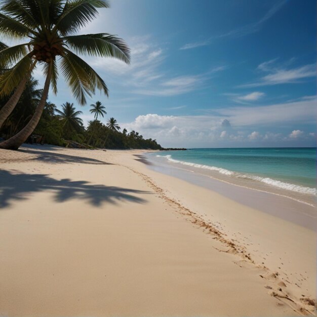 a palm tree is on the beach and the ocean is in the background