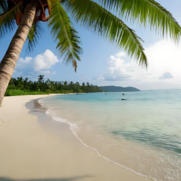 a palm tree is on the beach and the ocean is in the background