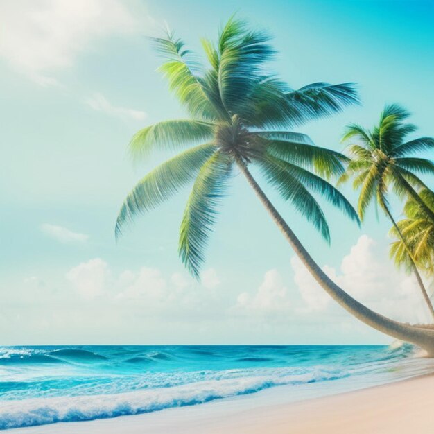 a palm tree is on the beach and the ocean is blue and green