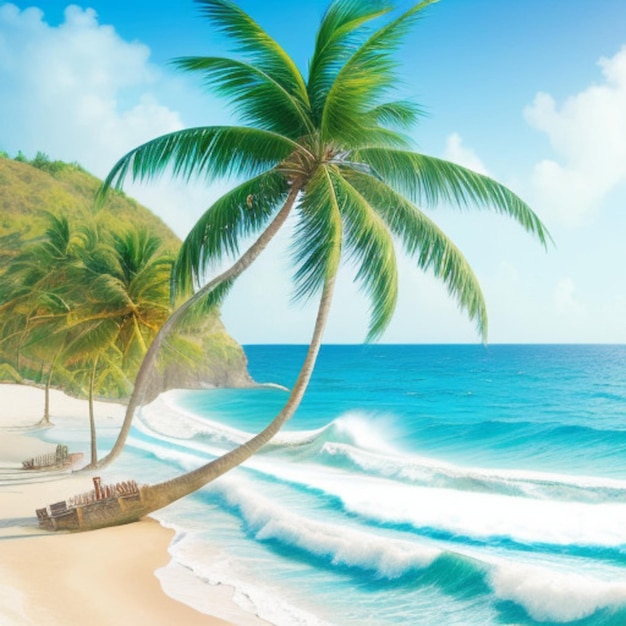 a palm tree is on a beach and the ocean is blue