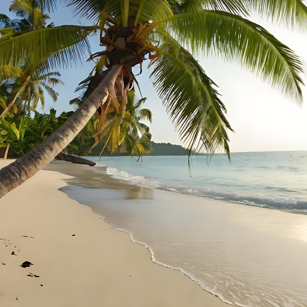 a palm tree is on the beach and the ocean is visible in the background