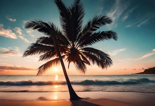 Photo a palm tree is on the beach and the sun is setting