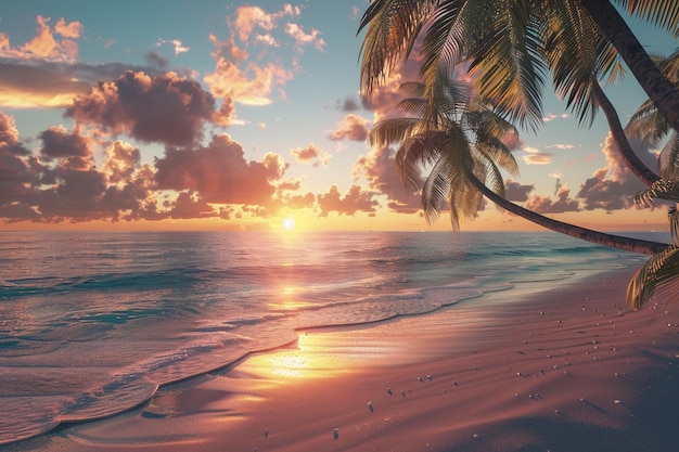 a palm tree is on the beach and the sun is setting