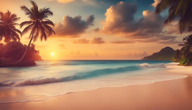 a palm tree is on the beach and the sun is setting