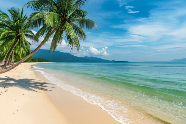 Photo a palm tree is on the beach and the water is blue