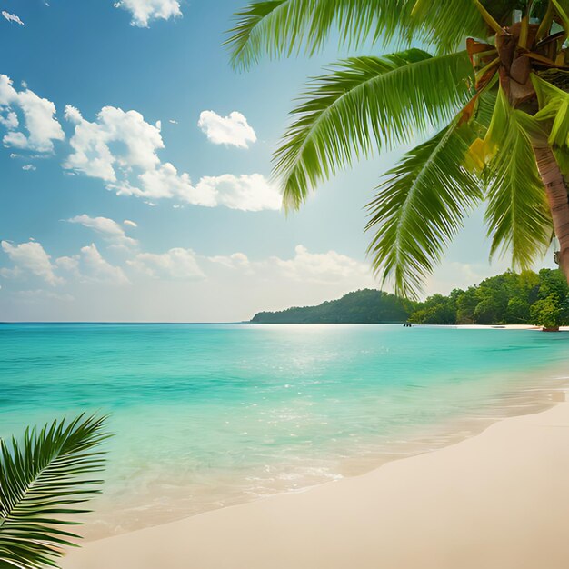 パームの木が青い空と背景の海のビーチにあります
