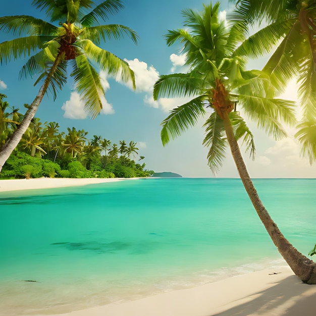 a palm tree is on a beach with a sky background