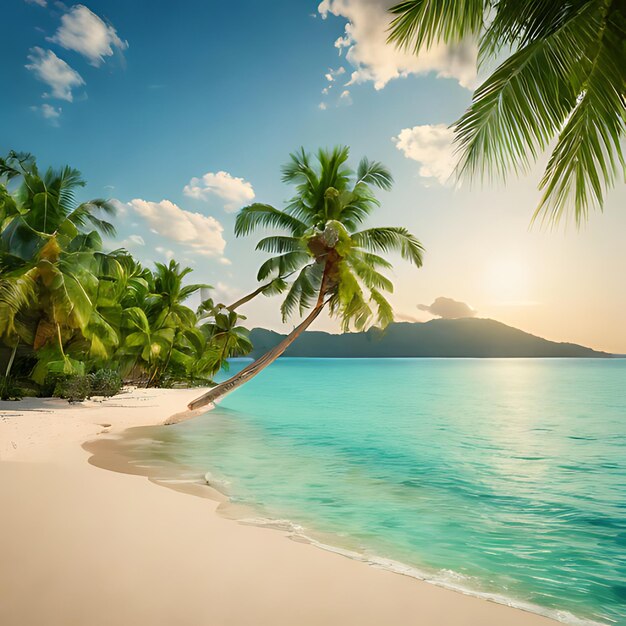 a palm tree is on a beach with a sky background