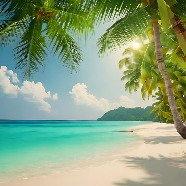 a palm tree is on a beach with the sun shining through the clouds