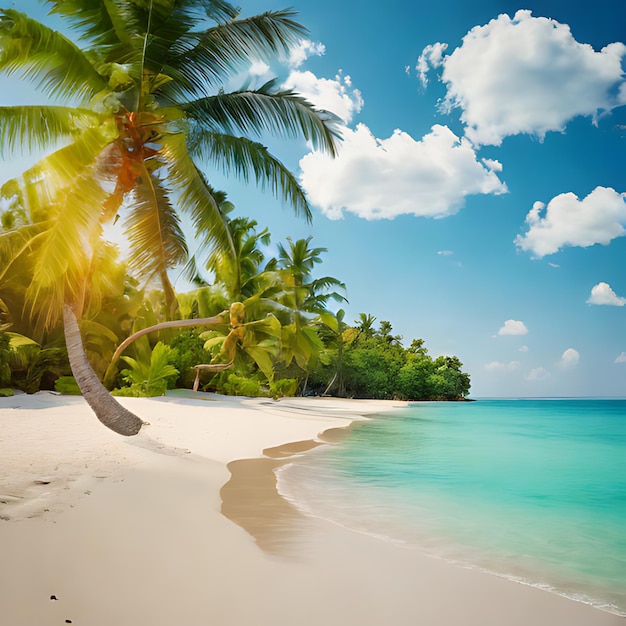 a palm tree is on a beach with the sun shining through the clouds