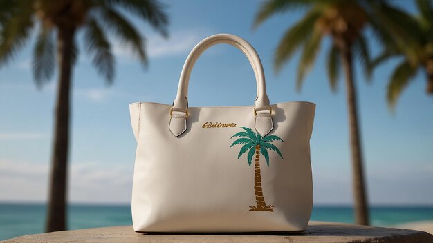 a palm tree is displayed on a white leather handbag