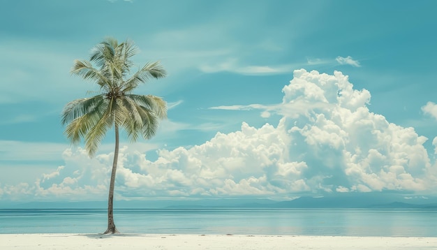 A palm tree is in the foreground of a blue sky with clouds