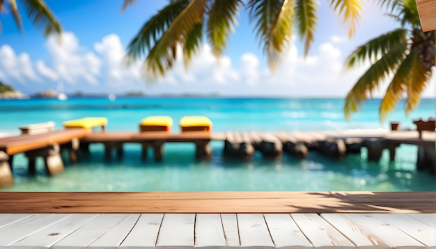 a palm tree is in front of a pier that has a palm tree on it