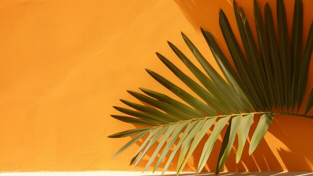 A palm tree is in front of a wall that has a palm leaf.