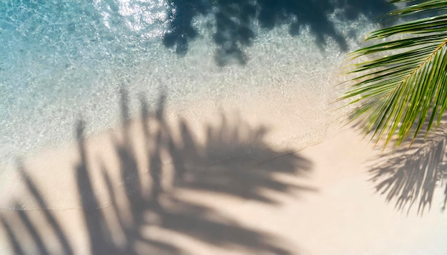 A palm tree is laying on the sand next to the ocean The water is calm and the palm tree casts a shadow on the sand top view tropical vacation concept background