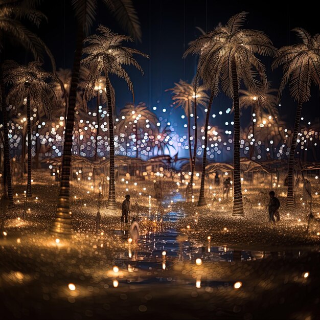 a palm tree is lit up with lights in the background