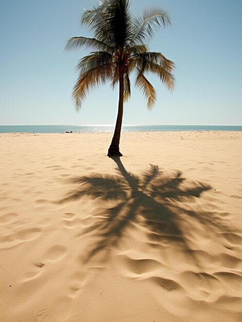 a palm tree is in the sand with the sun shining on it.