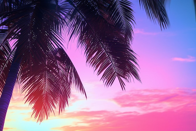 A palm tree is shown in the background with the colors of pink