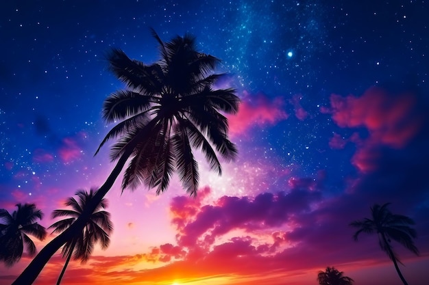 Palm tree is silhouetted against colorful sunset with stars Generative AI