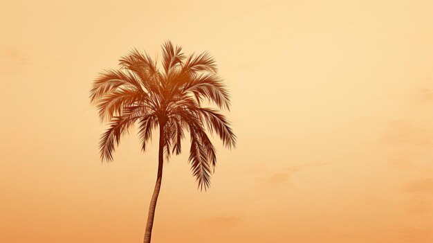 A palm tree is silhouetted against a peach sky