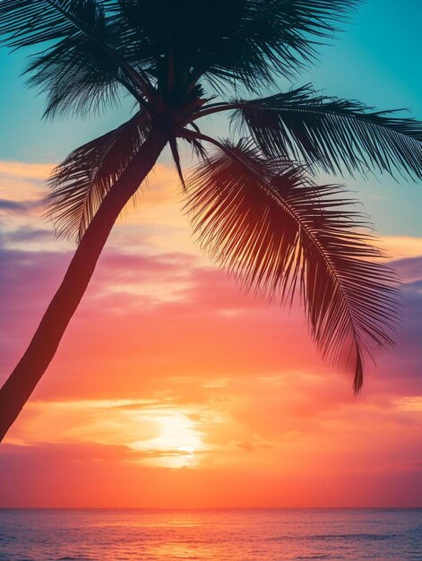 a palm tree is silhouetted against a sunset sky