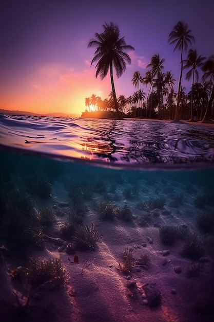 A palm tree is above the water and the sun is setting.
