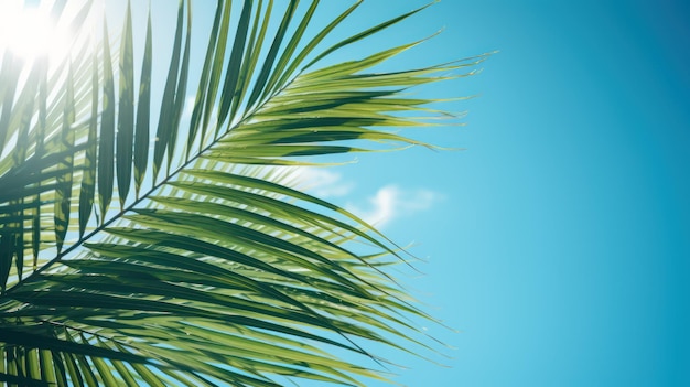 Palm tree leaf on blue sky vocation summer background