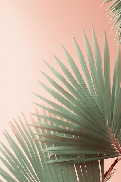 a palm tree leaf lightly flaking on a light pastel color background