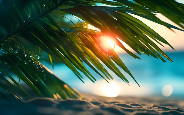 Palm tree leaves on the beach with the sun setting behind it