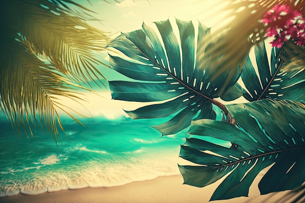 Palm tree leaves on a bright tropical beach Concept of a tropical beach and summer vacation