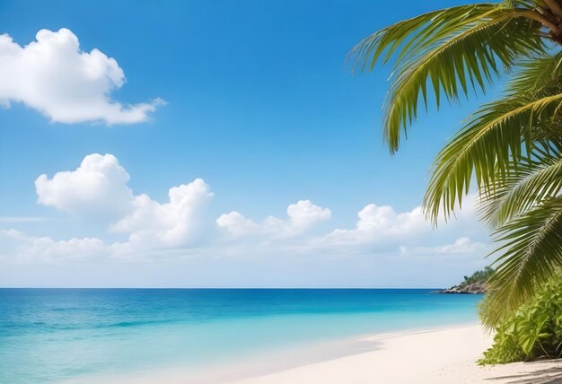 Palm tree leaves overhanging a sandy beach with clear blue sky and sun