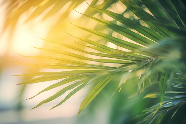 Листья пальмы с солнцем, сияющим сквозь листья