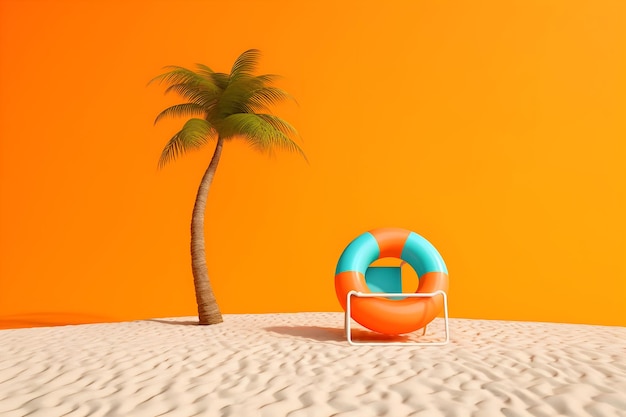 A palm tree and a life ring on a beach