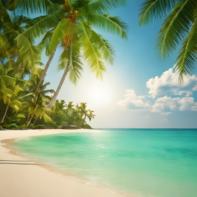 a palm tree lined beach with a sun shining through the clouds