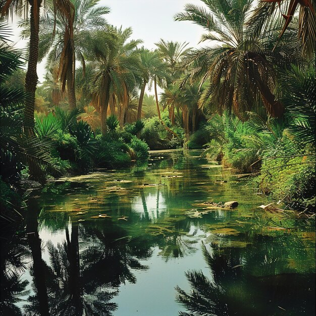 Photo a palm tree lined river with a boat in the water