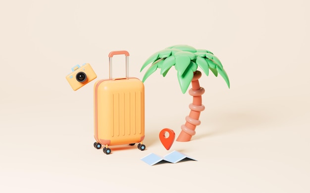 Palm tree and luggage in the yellow background 3d rendering