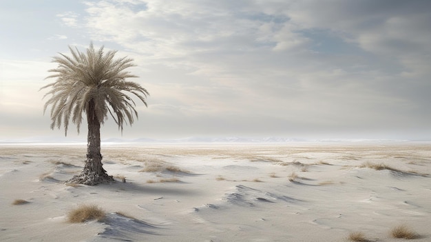 A palm tree in the middle of a white sand dune