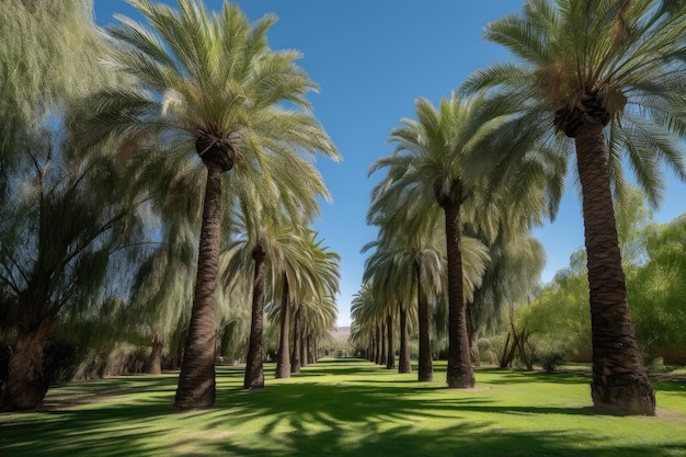 Palm tree park with lush greenery and blue sky overhead created with generative ai