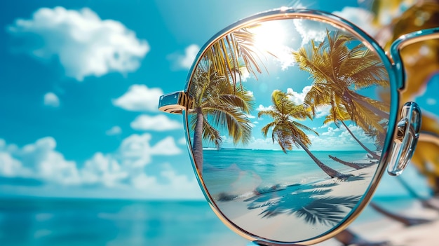 Photo a palm tree reflected in a mirror with palm trees on the beach