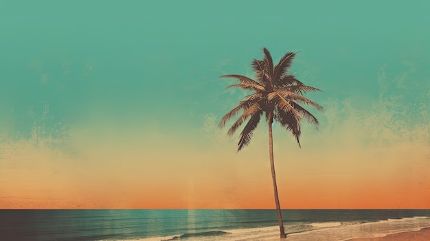 Palm tree on the sand of the beach Vacation scene with palm on the shore line Generative AI