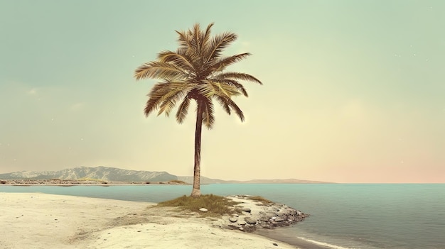 Palm tree on the sand of the beach Vacation scene with palm on the shore line Generative AI