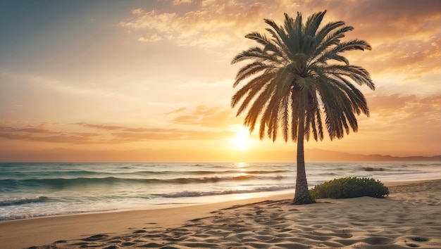 Foto palme sulla spiaggia di sabbia mare al tramonto vacanza in una spiaggia paradisiaca in un paese tropicale tour di viaggio