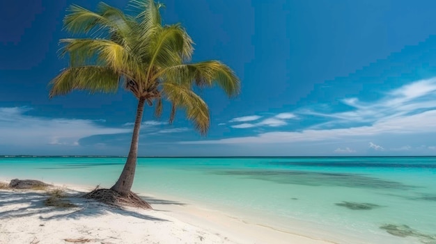 Palm Tree on a Sandy Beach with Ocean View AI Generated